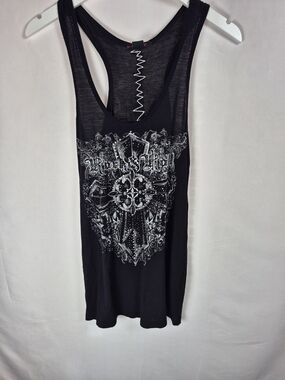 Rock & Roll Cowgirl Black Racerback Tank with Silver Graphic Cross Size M